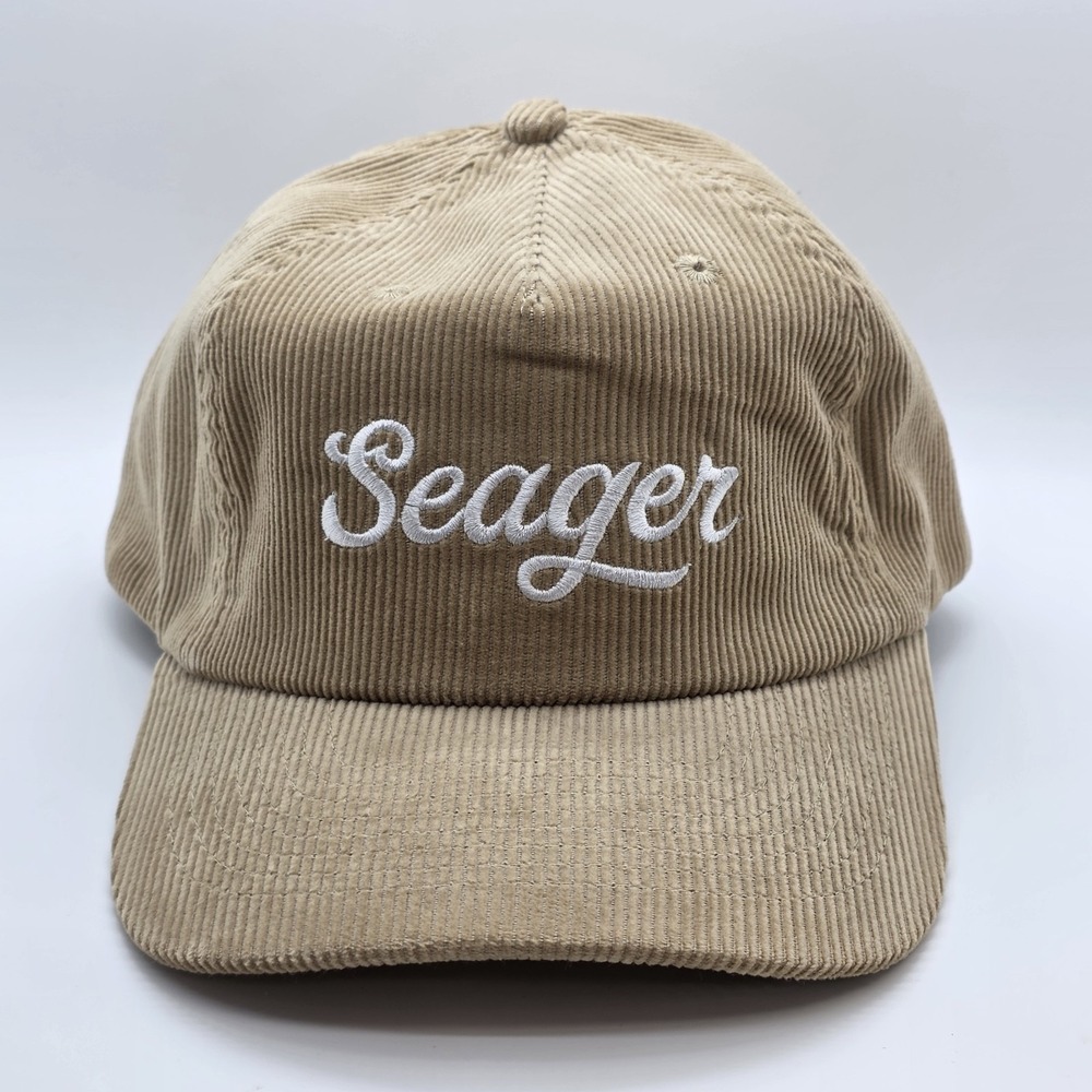Seager Grit Company Hat Cap Snap Back Beige Corduroy White Script Logo Men's